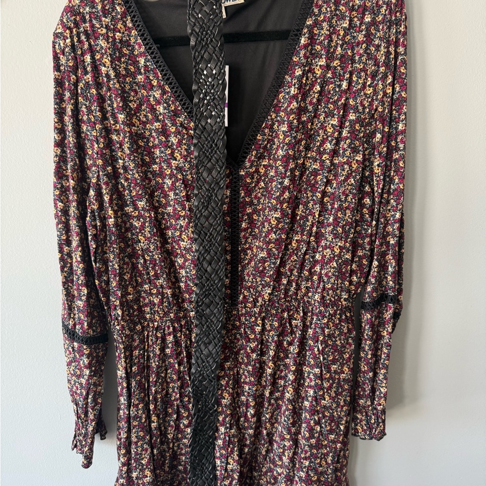 Floral Long Sleeve Dress with Black Trim and Belt